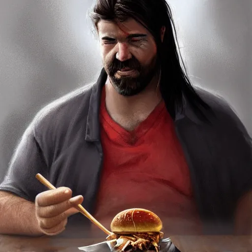 Prompt: portrait of a half fatman half pig eating kebab with long hair tied in a ponytail, light stubble with red shirt ,digital art,photorealistoc,art by greg rutkowski,hyperdetailed,western comic style,comic,comic style,sharp lineart,professional lighting,deviantart,artstation,trevor henderson,rossdtaws,cinematic,dramatic