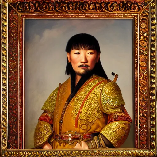 Image similar to a stunning and noble highly detailed romantic period style portrait of Genghis Khan by Josep Tapiró Baró, trending on artstation, oil painting masterpiece, symmetry, fractals, Mongolian iconography