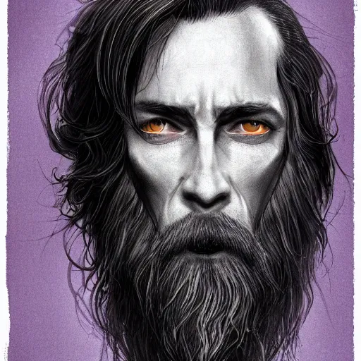 Image similar to a highly detailed portrait of a man without a beard, purple eyes, light gray long hair, wearing a black cloak, artstation, DeviantArt, professional, digital art
