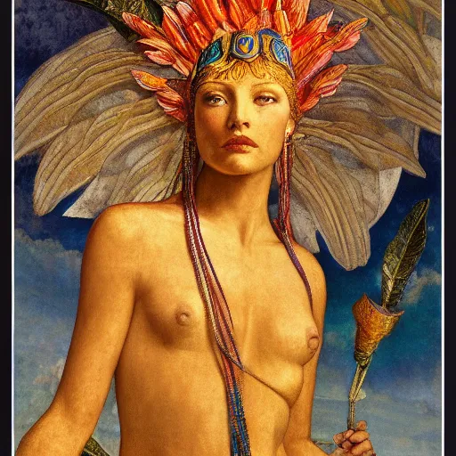 Image similar to goddess of the lost city, by Annie Swynnerton and Diego Rivera and Tino Rodriguez and Maxfield Parrish, elaborate headdress and embroidered velvet, iridescent beetles, rich color, dramatic cinematic lighting, extremely detailed