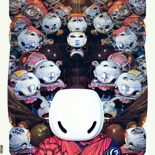 Image similar to portrait of crazy marshmello, symmetrical, by yoichi hatakenaka, masamune shirow, josan gonzales and dan mumford, ayami kojima, takato yamamoto, barclay shaw, karol bak, yukito kishiro