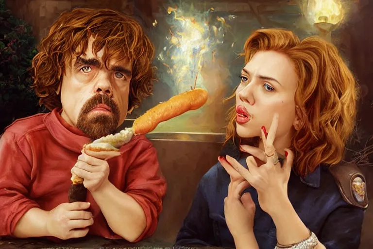 Image similar to portrait of peter dinklage sharing hotdogs with scarlett johansson, an oil painting by ross tran and thomas kincade