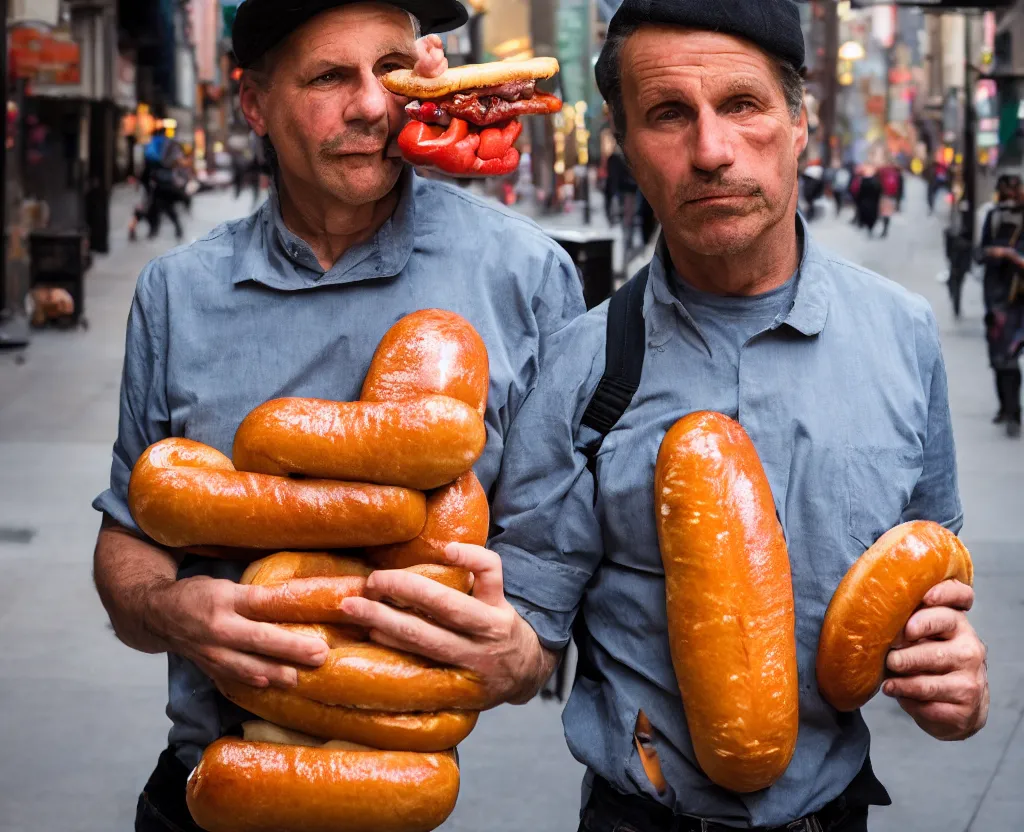 Image similar to closeup portrait of a man carrying a giant hotdog, smoky new york back street, by Annie Leibovitz and Steve McCurry, natural light, detailed face, CANON Eos C300, ƒ1.8, 35mm, 8K, medium-format print