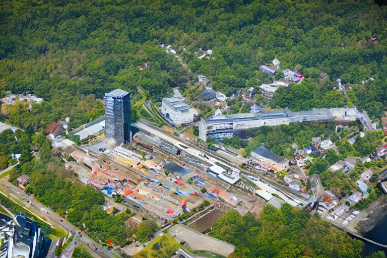 Image similar to bird's eye view photography of a small city. town hall, central farm, monorail station, beach and shipping dock. hills, woods and lake to the north.