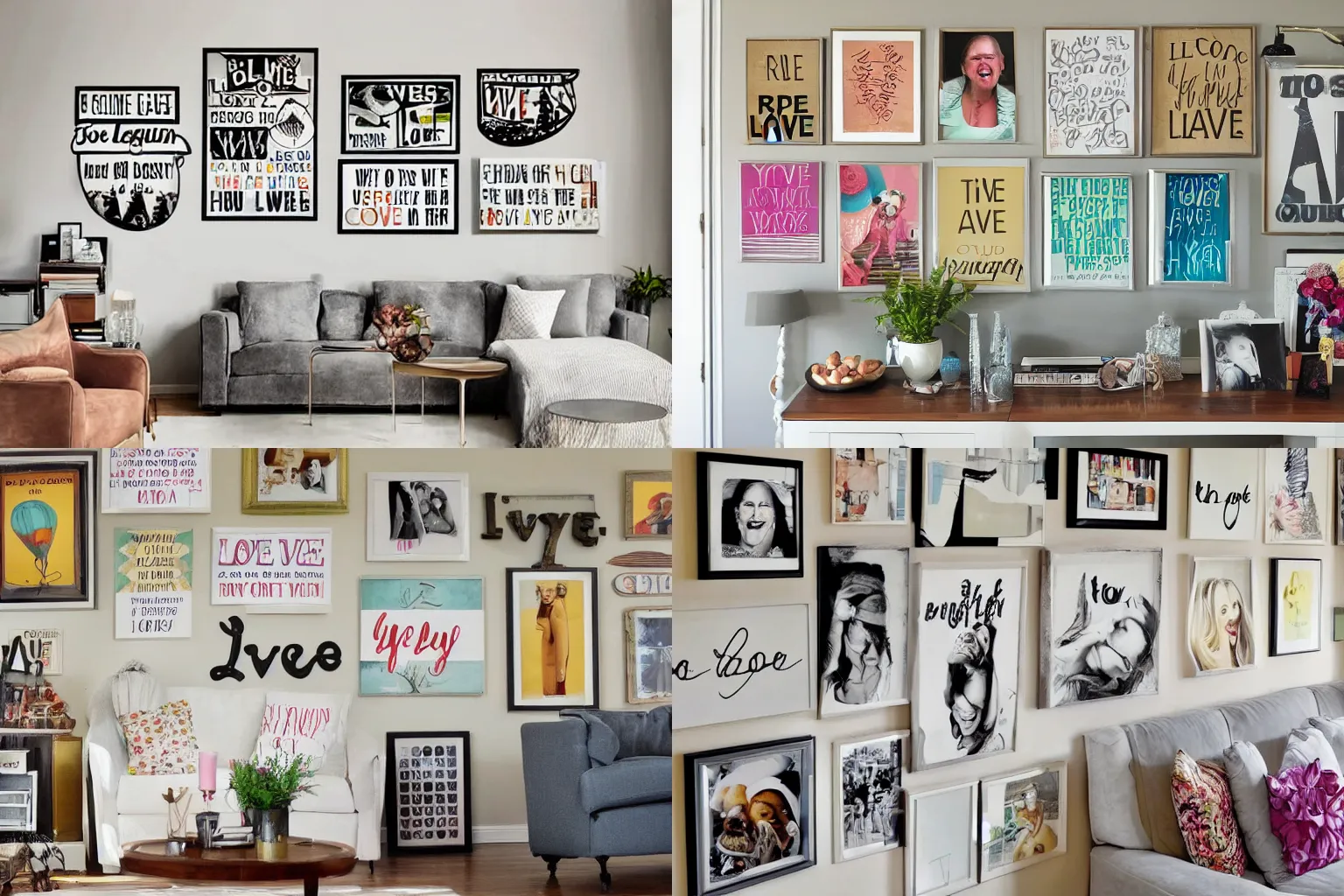 Prompt: A collection of live, laugh, love wall art in a suburban house