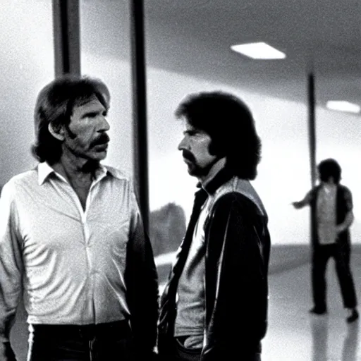 Prompt: movie still, 1 9 8 0 s, harrison ford and john carpenter talking, sci - fi corridor in the background, photorealistic, hyperdetailed, by ridley scott and john carpenter, blue leds