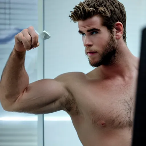 Image similar to a realistic detailed photo of a guy who is an attractive humanoid who is half robot and half humanoid, who is a male android, actor liam hemsworth, shiny skin, posing like a statue, blank stare, in a lab, on display, showing off his muscles