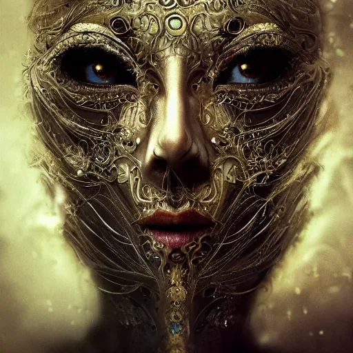Image similar to Very very very very highly detailed epic photo of face with venetian mask, intricate, dystopian, sci-fi, extremely detailed, digital painting, artstation, concept art, smooth, sharp focus, illustration, intimidating lighting, incredible art by Brooke Shaden and Anton Pieck