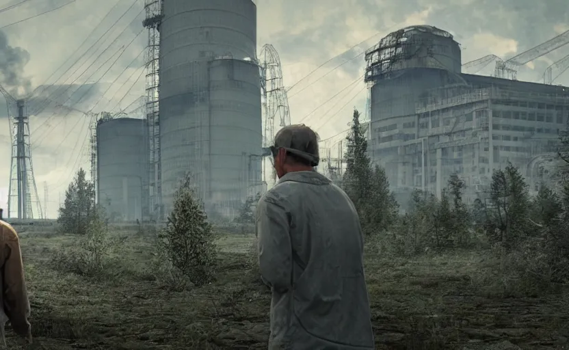Image similar to a man looking at the chernobyl powerplant, a photorealistic painting by gregory crewdson, cgsociety, playstation 5 screenshot, matte painting, cryengine