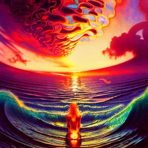 Image similar to ocean wave around giant psychedelic mushroom, lsd water, dmt waves, backlit, sunset, refracted lighting, art by collier, albert aublet, krenz cushart, artem demura, alphonse mucha