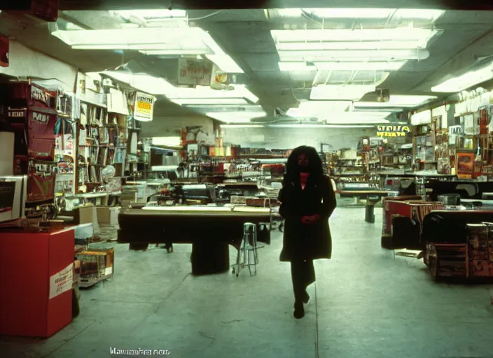 Image similar to cinematic wide shot of backlit windows of a narrow used electronics store, octavia spencer wanders the messy aisles, keyboards, iconic scene from the paranoid thriller sci fi film directed by stanley kubrick, anamorphic cinematography, beautiful composition, color theory, leading lines, photorealistic, volumetric lighting