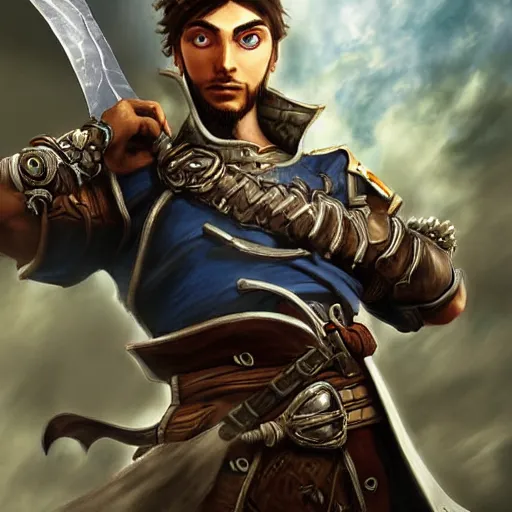 Image similar to hero from fable game series, hyper detailed masterpiece, digital art painting, hyper realism aesthetic