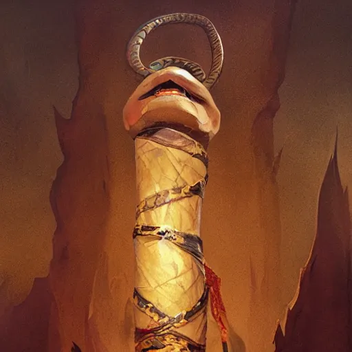 Prompt: a mummy with a snake head, bound on a totem, by greg rutkowski, in the style of magic the gathering