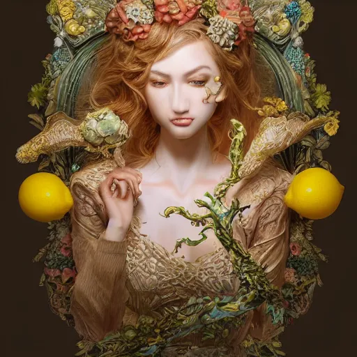 Image similar to the portrait of an absurdly beautiful, graceful, elegant, sophisticated, young idol made up of lemons, an ultrafine hyperdetailed illustration by kim jung gi, irakli nadar, intricate linework, bright colors, octopath traveler, final fantasy, unreal engine 5 highly rendered, global illumination, radiant light, detailed and intricate environment