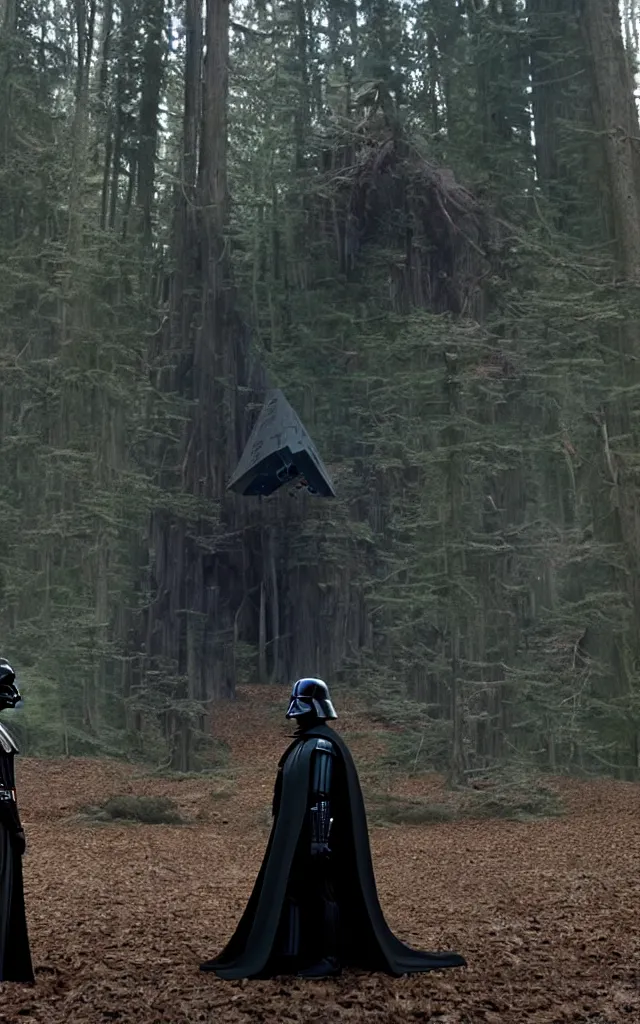 Image similar to darth vader anb bella from twillight staying together in front of, on the background star destroyer landed on the wood ground in the twilight saga movie, shot from the twillight movie