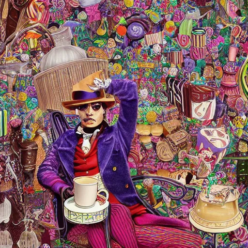 Image similar to Johnny Depp is covered in a blanket and drinking tea in Willy Wonka's Chocolate Factory, Illustration, Colorful, insanely detailed and intricate, super detailed, by Alexis Franklin