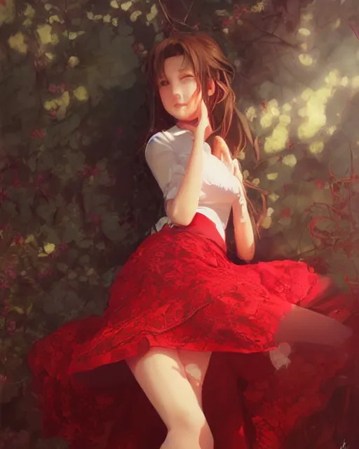 Image similar to aerith gainsborough in red lace skirt, portrait, illustration, rim light, top light, perfectly shaded, soft painting, art by krenz cushart and wenjun lin