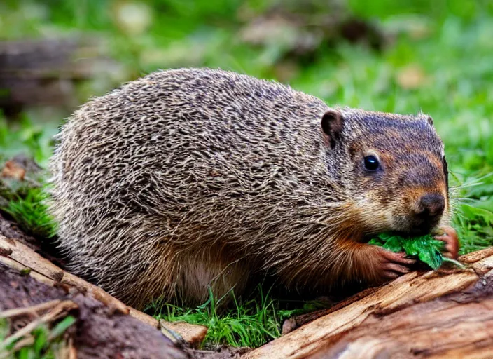 Prompt: a groundhog eating wood