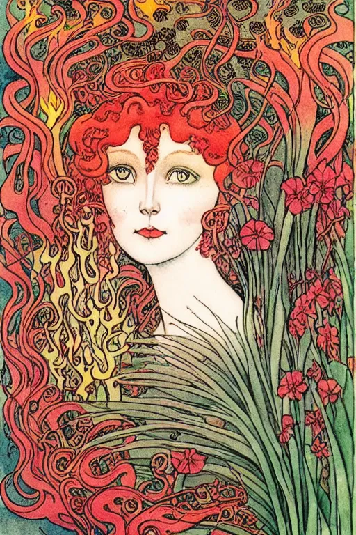 Image similar to realistic face of nature goddess with red hair with flowers and flames growing around, flower frame, detailed art by kay nielsen and walter crane, illustration style, watercolor