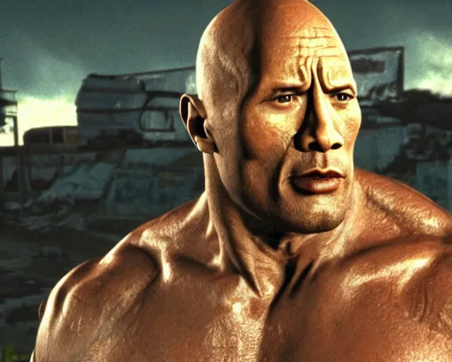 Image similar to Speaking with Fallout talking head of Dwayne Johnson, screenshot from Fallout (1997)