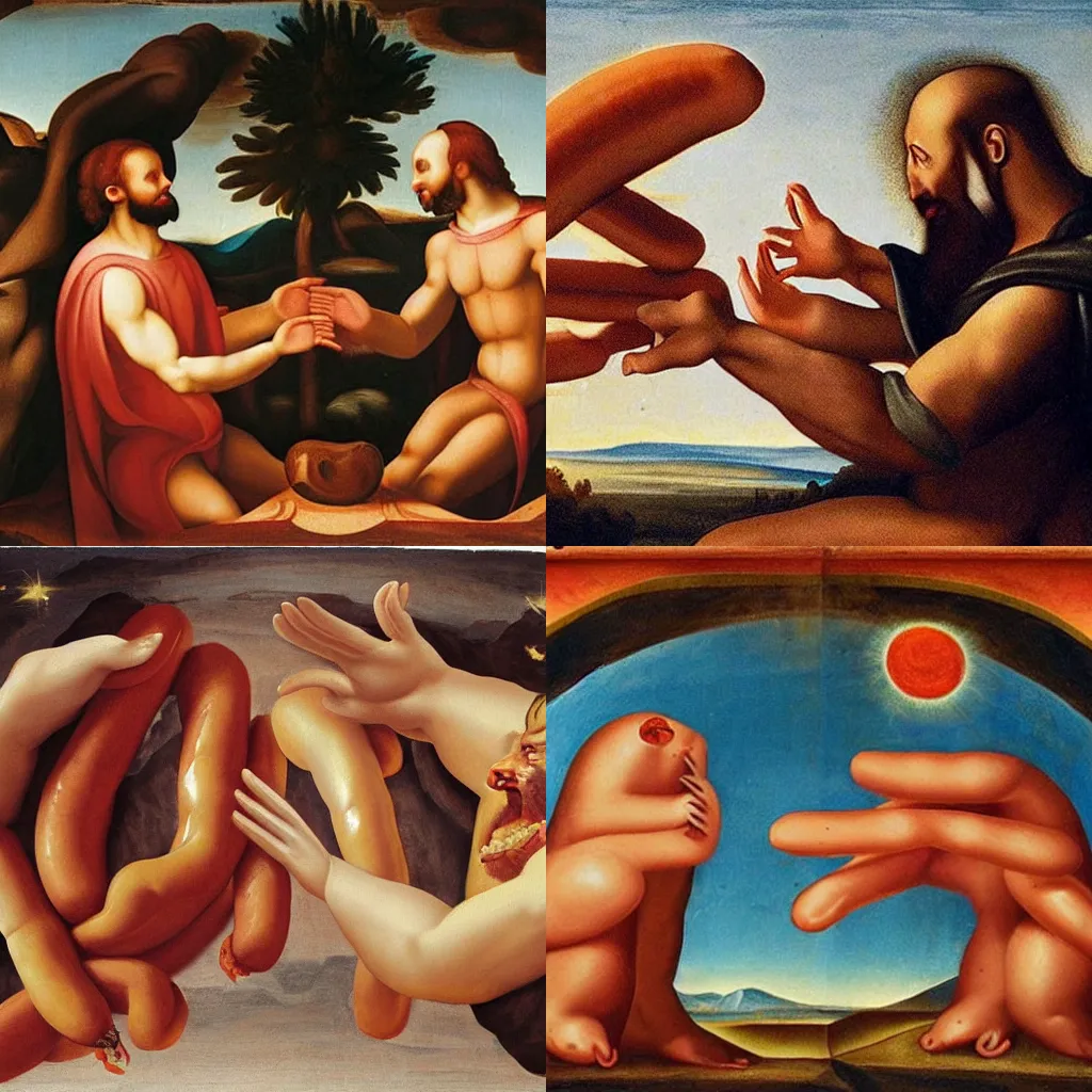 Prompt: The creation of adam where the fingers are hotdogs