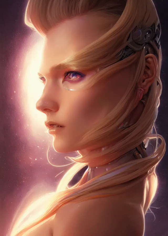 Image similar to futuristic woman portrait, sci-fi, amber eyes, face, long hair, fantasy, intricate, elegant, highly detailed, digital painting, artstation, concept art, smooth, sharp focus, illustration, art by artgerm and greg rutkowski and alphonse mucha