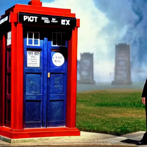 Image similar to christopher lloyd as doctor who in front of tardis, directed by steven spielberg, 1 9 9 4