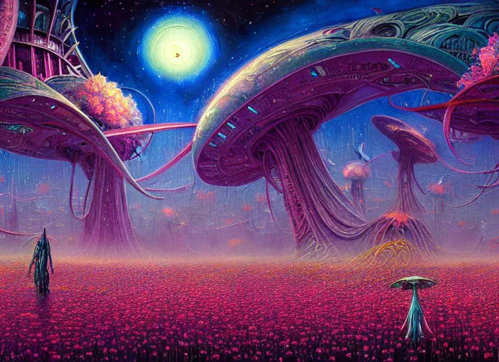 Image similar to a beautiful painting of a large alien city shrouded by mystic nebula magic in a field of flowers by moebius and android jones, oil on canvas sharp, details, hyper - detailed, hd, hdr, 4 k, 8 k