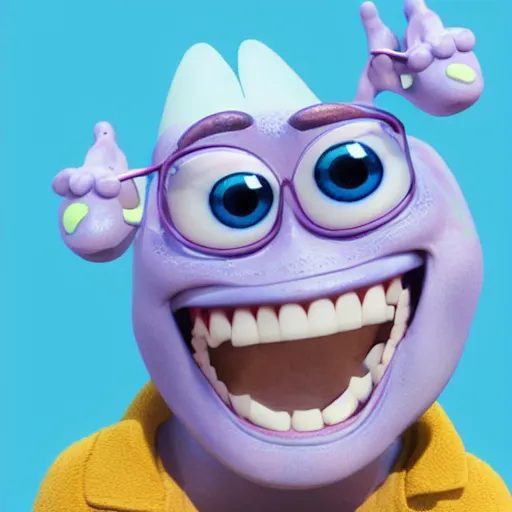 Prompt: cute 3 d pixar style alien with four eyes smiling, blue skin, lilac background, portrait, holding up a trophy, realistic, 4 k