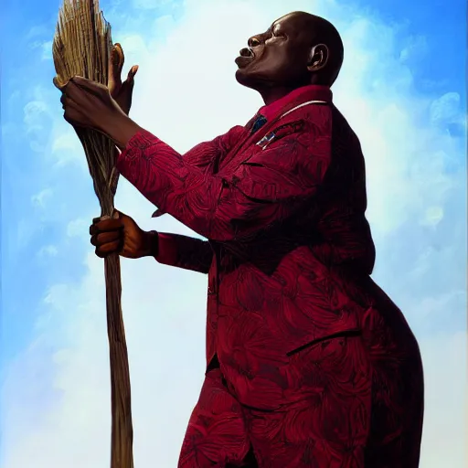 Image similar to a painting of a XXL wise elder from Kenya in a suit by Kehinde Wiley . dramatic angle, ethereal lights, details, smooth, sharp focus, illustration, realistic, cinematic, artstation, award winning, rgb , unreal engine, octane render, cinematic light, macro, depth of field, blur, red light and clouds from the back, highly detailed epic cinematic concept art CG render made in Maya, Blender and Photoshop, octane render, excellent composition, dynamic dramatic cinematic lighting, aesthetic, very inspirational, arthouse.