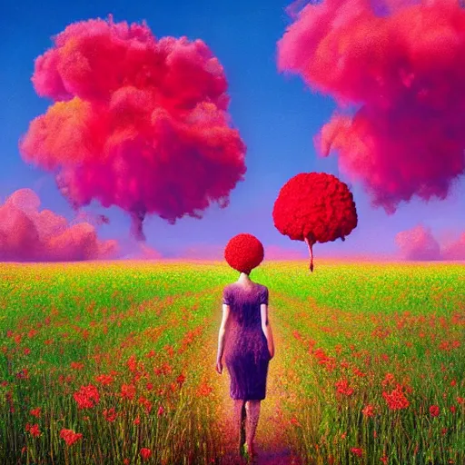 Image similar to giant red carnation afro head, full body, girl walking in the middle of a field with flowers, surreal photography, hills, sunrise dramatic light, impressionist painting, colorful clouds, digital painting, pointillism, artstation, simon stalenhag