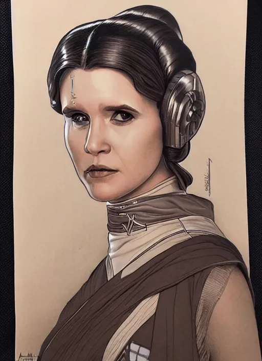 Prompt: Princess Leia, by artgerm, beautiful, mixed media on toned paper, 2021, very detailed, coffee art