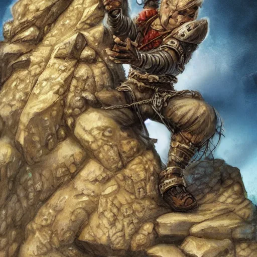 Image similar to dungeons and dragons, rogue rock climbing up the fossilised golem like remains of an ancient giant, very detailed, fantasy art, portrait