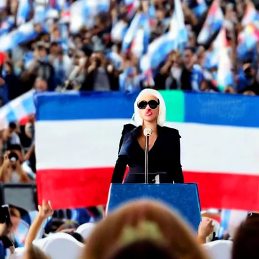 Image similar to Lady Gaga as president, Argentina presidential rally, Argentine flags behind, bokeh, giving a speech, detailed face, Argentina