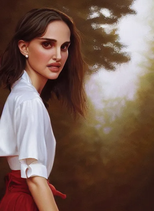 Image similar to portrait of teenage natalie portman, long haircut, flowing dark hair, white shirt, red tie, smiling kindly, forest at background, 1 9 8 0 s, intricate, elegant, glowing lights, highly detailed, digital painting, artstation, concept art, smooth, sharp focus, illustration, art by wlop, mars ravelo and greg rutkowski