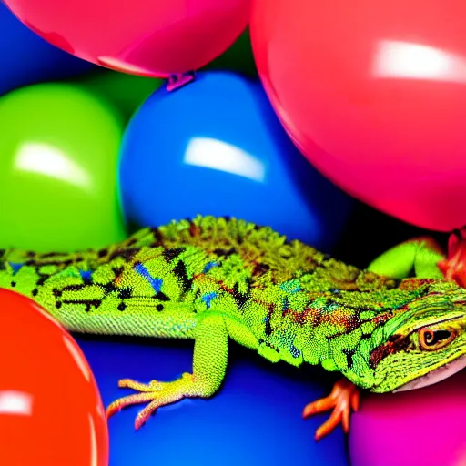 Prompt: Hillary Clinton lizard looking at brightly colored balloons, photo, detailed, 4k