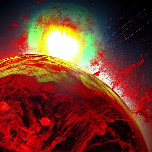 Image similar to red planetoid exploding, cracked, shattered, viewed from earth, digital art, high fantasy, extreme detail