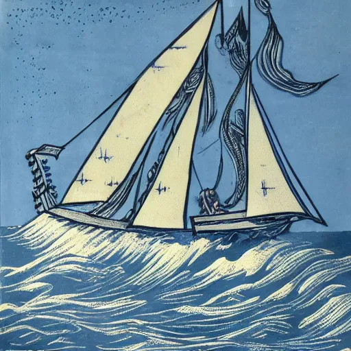 Prompt: a viking boat, at see on high waves, big sails, lots of wind, spray, see foam, blue ink, engraving