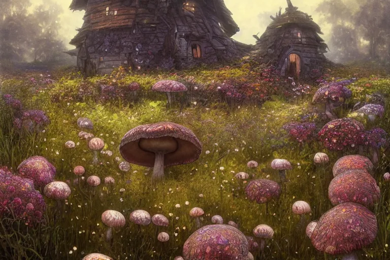 Image similar to a beautiful digital painting of a sprawling mushroom house in a field of flowers, beautiful day, stream, by greg rutkowski, gerald brom, marc simonetti, jean - baptiste monge, and alphonse mucha, symmetry, complementary colors, ink illustration, trending on artstation