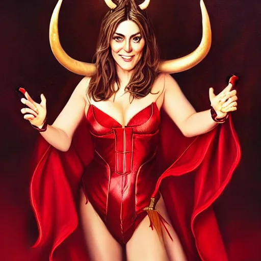 Image similar to illustrated realistic portrait of young Elizabeth Hurley as the Devil with horns wearing red flaming silk by rossdraws