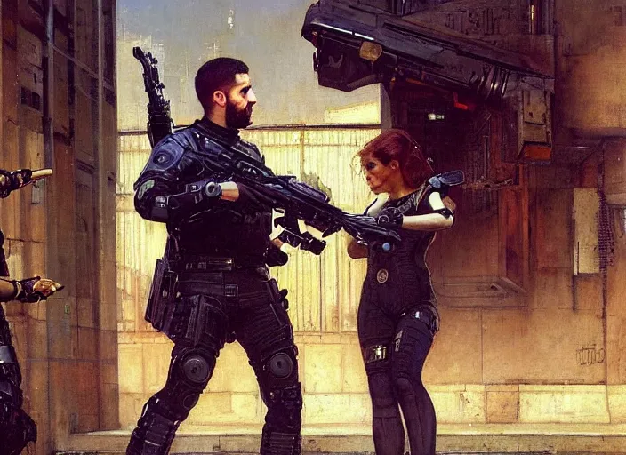 Image similar to Maria evades pvt griggs and tavish. Cyberpunk hacker escaping Menacing Cyberpunk corporate security officers. (dystopian, police state, Cyberpunk 2077, bladerunner 2049). Iranian orientalist portrait by john william waterhouse, Edwin Longsden Long, Theodore Ralli and Nasreddine Dinet, oil on canvas. Cinematic, vivid colors, hyper realism, realistic proportions, dramatic lighting, high detail 4k