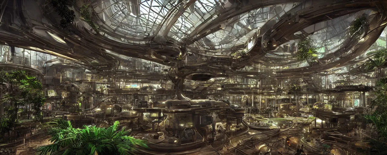 Image similar to a futuristic steampunk science laboratory, built in the middle of a lush tropical rainforest, cinematic back lit lighting, realistic, detailed, canon 20mm,