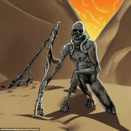 Prompt: buried in the shifting sands of some nameless world for eons. his empty eye sockets filled with dust and the moisture sucked from his shriveled paper skin. now, something else was inside him, making his stick - thin limbs move again. a crew had landed, and he longed to welcome them