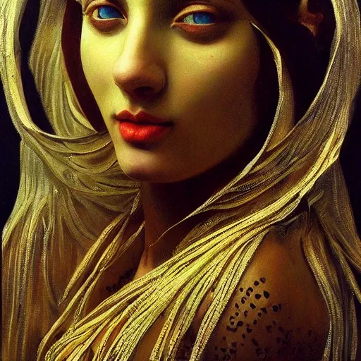 Prompt: Realistic painting of beautiful priestess woman in detailed costume, dramatic lighting, high-detailed oil painting by Ilya Repin, William Blake, Michelangelo da Caravaggio, Alex Grey and Beksinski, masterpiece, 4k