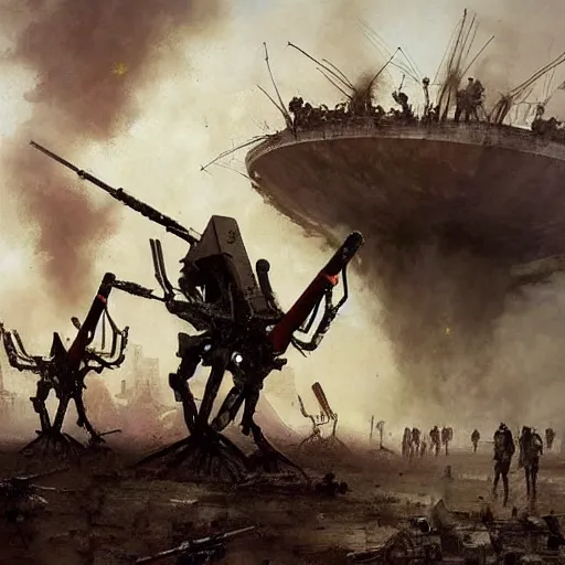 Image similar to war of the worlds, martian tripods attack london, human soldiers try to counter - attack, intense fighting, dital painting, very detailed, art by jakub rozalski