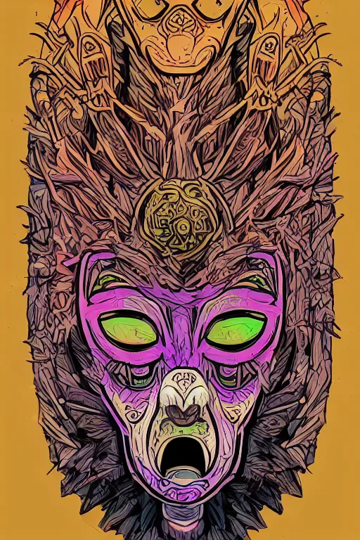 Image similar to animal mask totem roots flower tribal feather gemstone plant wood rock shaman vodoo video game vector cutout illustration vivid multicolor borderlands comics by josan gonzales and dan mumford radiating a glowing aura