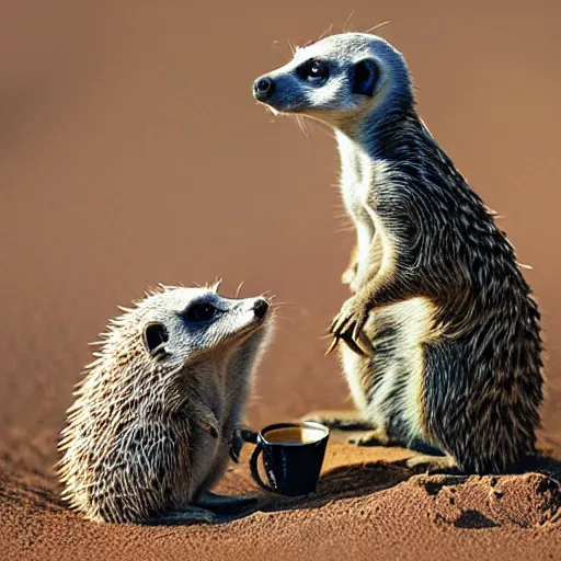 Prompt: meerkat with hedgehog drinking coffee, cinematic, kodachrome