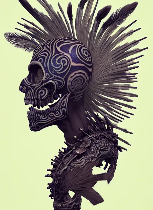 Image similar to 3 d shaman with tattoos profile portrait, sigma 5 0 0 mm f / 5. beautiful intricate highly detailed quetzalcoatl skull and feathers. bioluminescent, plasma, lava, ice, water, wind, creature, thunderstorm! artwork by tooth wu and wlop and beeple and greg rutkowski, 8 k trending on artstation,