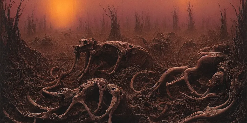 Prompt: wasteland of morphed mammal bones, Zdzislaw Beksinski, Wayne Barlowe, Joe Fenton, gothic, cosmic horror, dystopian, biomorphic, lovecraftian, amazing details, warm hue's