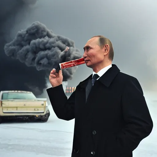 Prompt: vladimir putin smoking a bong and exhaling a large smoke cloud, candid photography